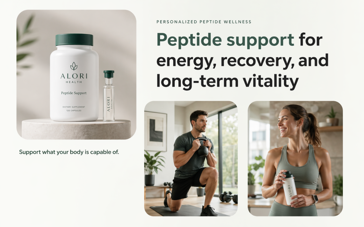 Advertisement for Alori Peptide Support with product and people exercising.